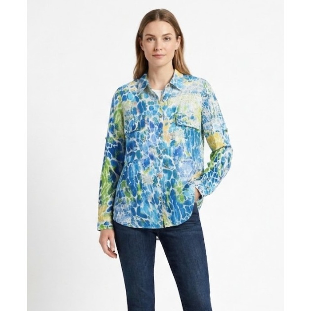 Alberto‎ Makali Blue Green Abstract Artsy 100% Linen Button Down Large Resort
